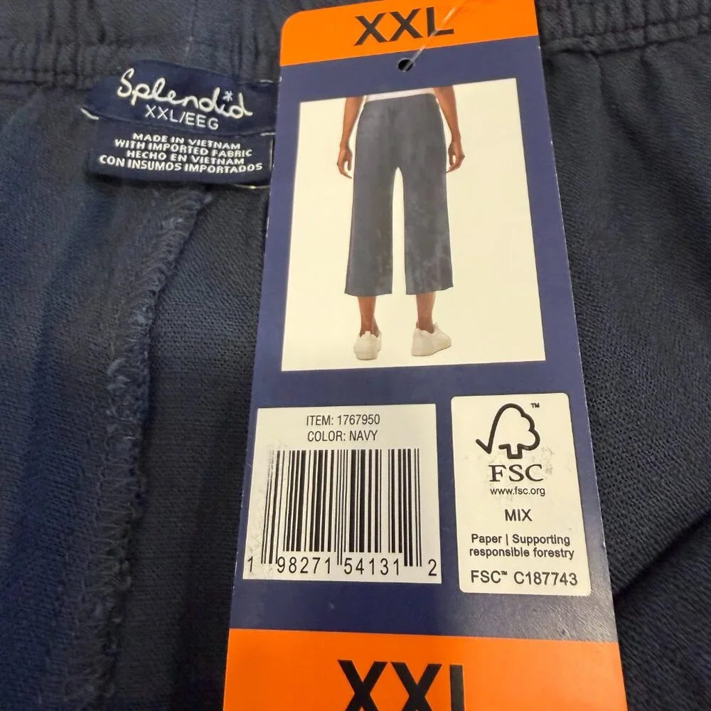Splendid Ladies Wide Leg Crop Draw String Linen Blend Pants Navy Sz XXL